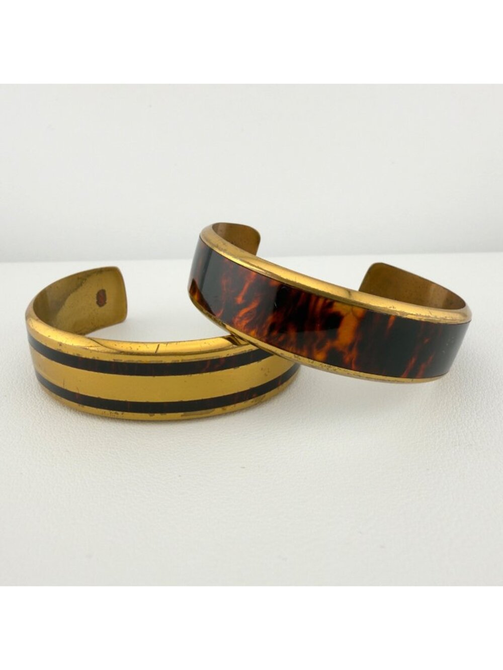 Vintage Sergio Lub Faux Tortoise Inlay Brass Cuff Bracelet Set